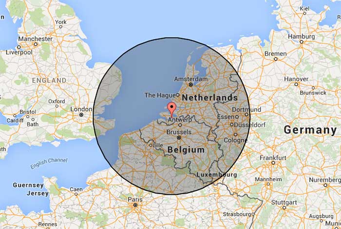 250 kilometer zone rond de kerncentrale van Boressele